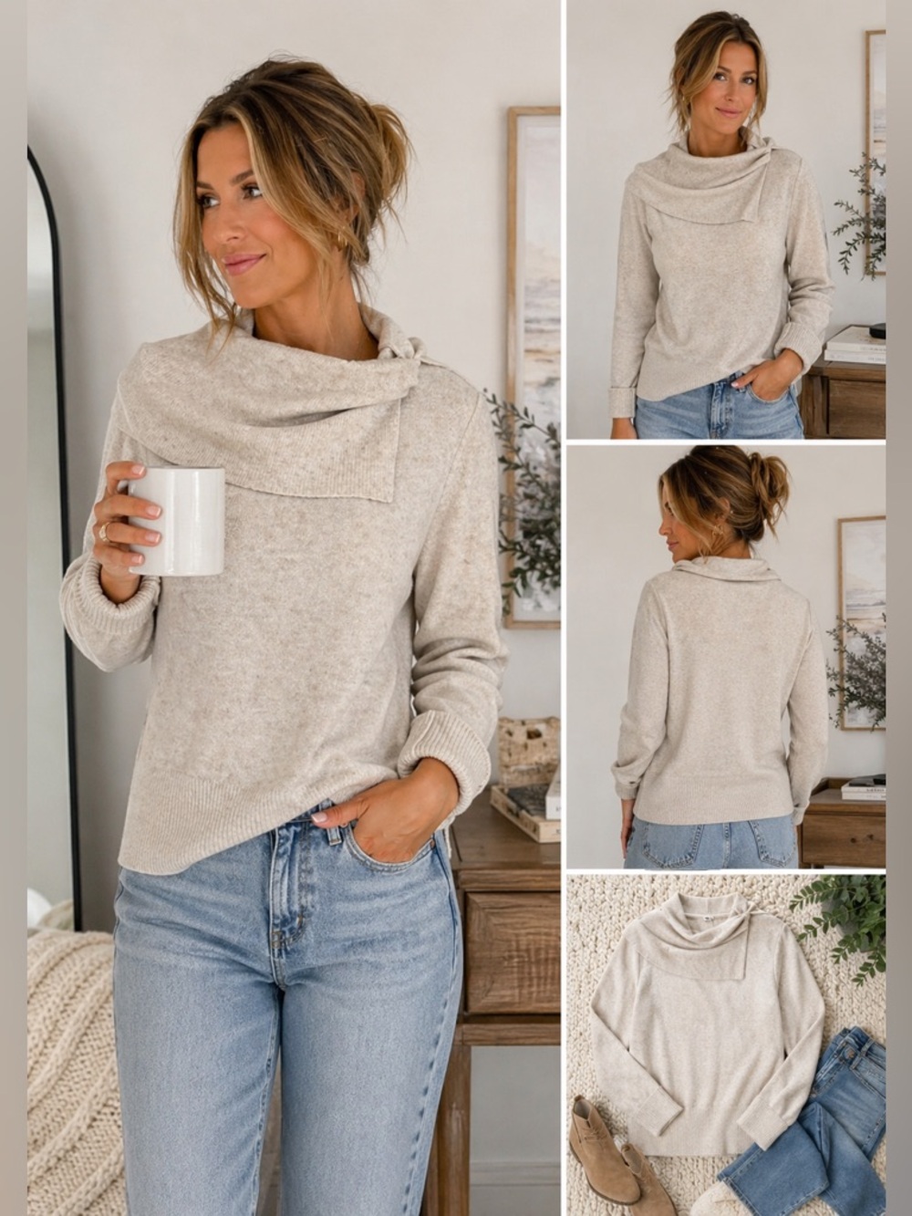 NWT FDJ French Dressing Oatmeal Cowl Neck Sweater Medium Soft‎ Knit Minimalist